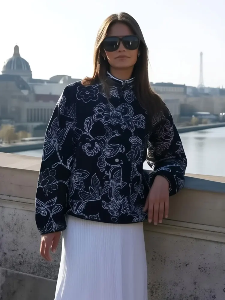 

HH Women's Autumn Quilted Coats Printed Long Sleeves O Neck Single-breasted With Pockets Casual Jackets Fashion Outerwear