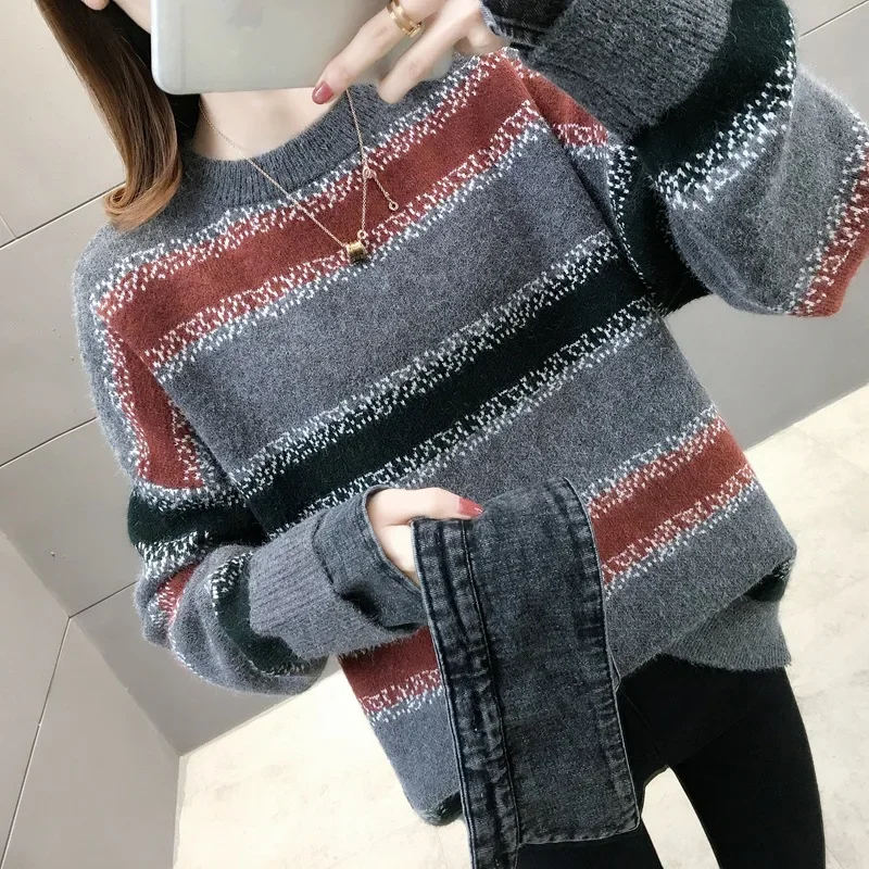 Women Denim Patchwork Collar Striped Pullover Color Matching Detachable Fake Two Piece Knitted Sweater Autumn Winter 2024 Tops