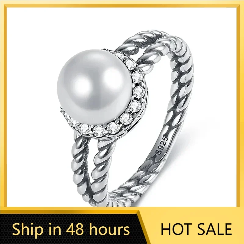 

925 Silver Retro Jewelry Simulated Pearls Zircon Wide Silver Ring Female Dainty Bohemian Vintage Fashion Engagement Ring