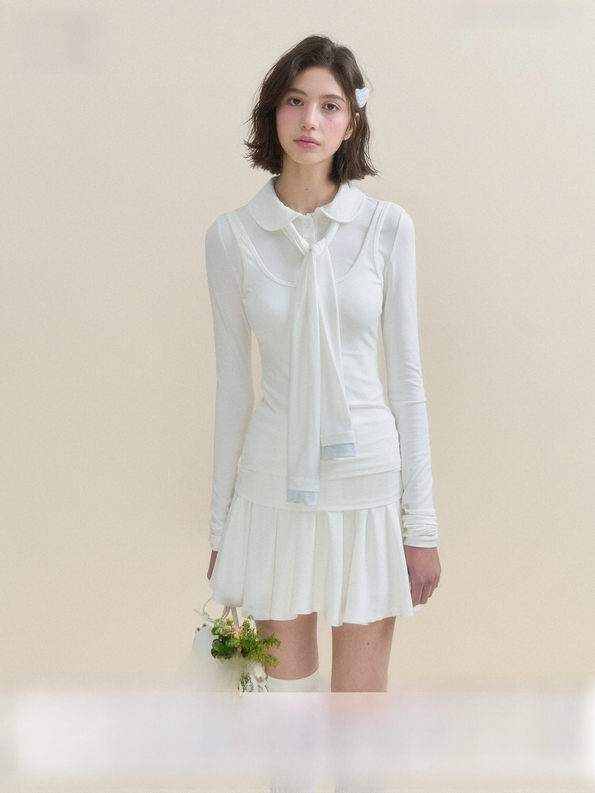 

Комплект из двух предметов для девочек SunsetPark: мягкий топ с воротником-стойкой и юбка из хлопка, имитация двухслойности, весенняя мода