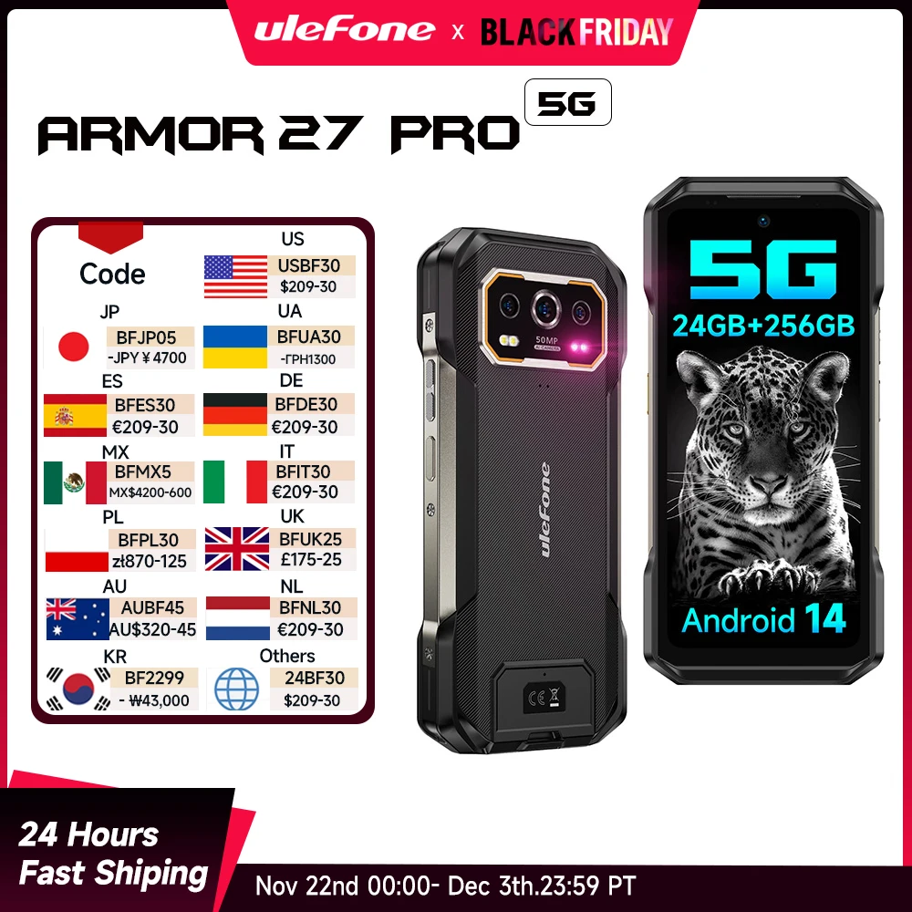 【العرض الأول عالميًا】هاتف Ulefone Armor 27 Pro 5G الذكي 10600 مللي أمبير في الساعة وكاميرا 50 ميجابكسل + 50 ميجابكسل وكاميرا ليلية بدقة 64 ميجابكسل ونظام تشغيل Android 14 وذاكرة وصول عشوائي تصل إلى 24 جيجابايت + 256 جي