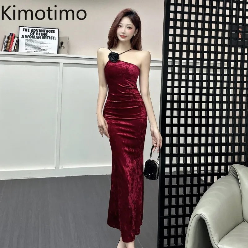 Kimotimo Fashion Celebrity Velvet Banquet Dresses Women 2024 New Sexy Sleeveless Folds Slim Split Evening Party Long Dress Robe