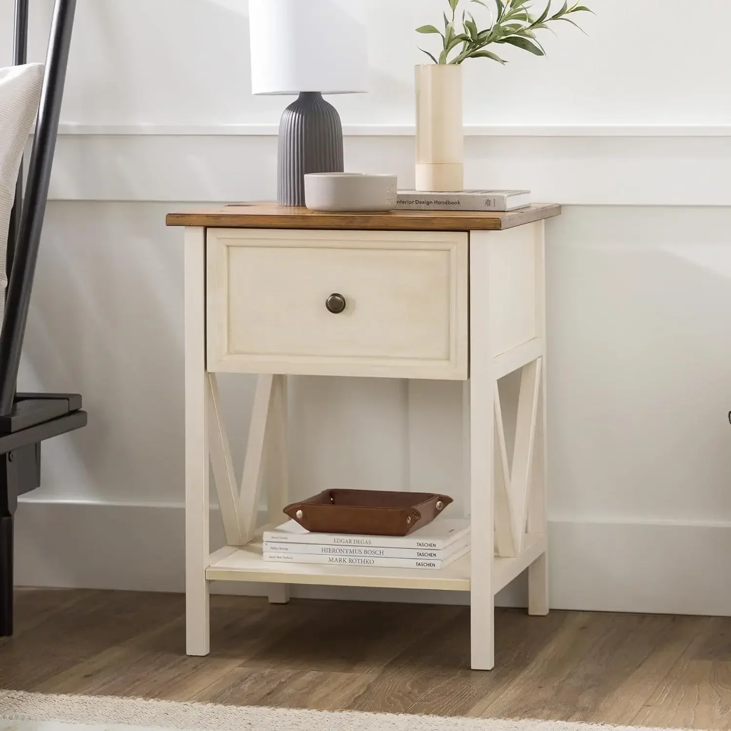 

Natalee Modern Farmhouse 1 Drawer Wood Square Side Table Living Room Small End Accent Table, 19 Inch, Rustic Oak and White