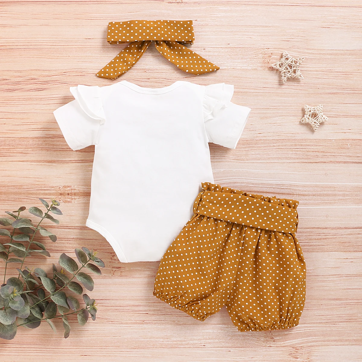 0-18 Month Newborn Baby Girls Clothes Romper Dot Pant with Elastic Waistband Infant Headband with Bowknot 3Pcs Casual Set