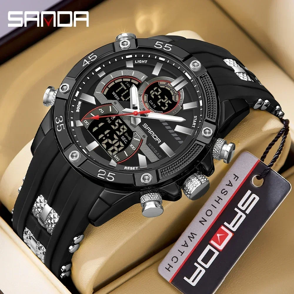 Sanda 2025 New Dual Screen Men's Digital Watch Nightlight Waterproof Multifunctional Popular Men's Alarm Clock Wristwatch