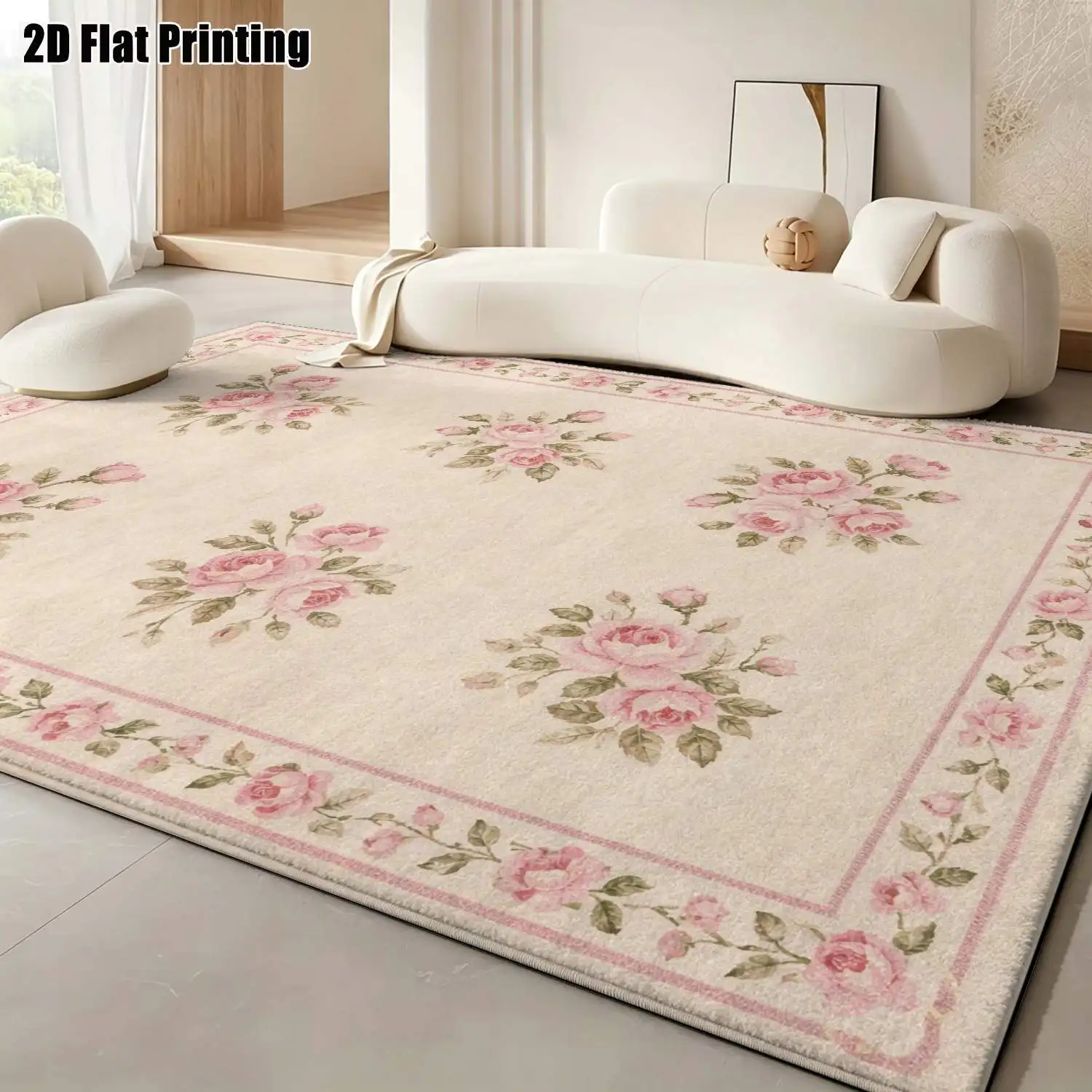 1Pc 2D Printed Pink Flower Pattern Carpet, European Vintage Style, Instagram Floor Mat, Machine Washable, Multi-Size Home Decor for Living Room, Bedroom, Dining Room, Entrance, Study