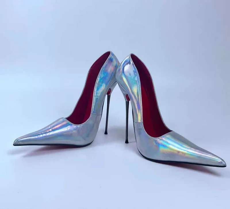 

CACA 17cm High Heels,Women Pumps,Long Pointed Toe,Stage Show Shallow Shoes,Colorful Laser Silver,Sexy Patent Leather,Dropship