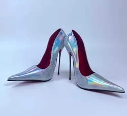 CACA 17cm High Heels,Women Pumps,Long Pointed Toe,Stage Show Shallow Shoes,Colorful Laser Silver,Sexy Patent Leather,Dropship