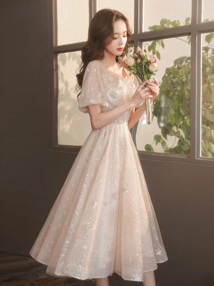 ชุดราตรีฝรั่งเศสแบบใหม่ หรูหราบางเบา อารมณ์ระดับไฮเอนด์เฉพาะตัว วันเกิดสีน้ําเงิน และกระโปรงฟูของพิธีการมาถึงวัย