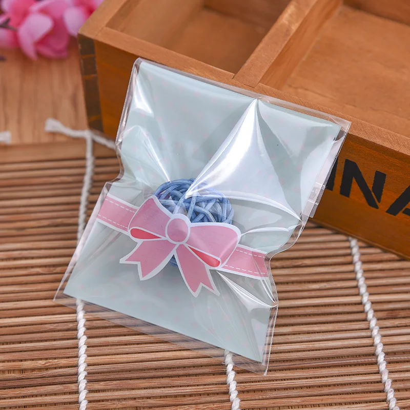 100pcs Plastic Sealing OPP Adhesive Cake Gift Packages Bag Lovely Blue Pink Bow Cookies Bag Party Food Snack Bags 8*10+3cm