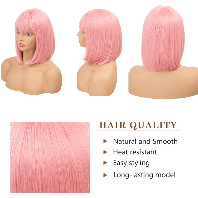 Boymia Pink Short Bob Wigs with Bangs Heat Resistant Synthetic Daily Cosplay Ombre Blonde Hair Wigs for White/Black Women