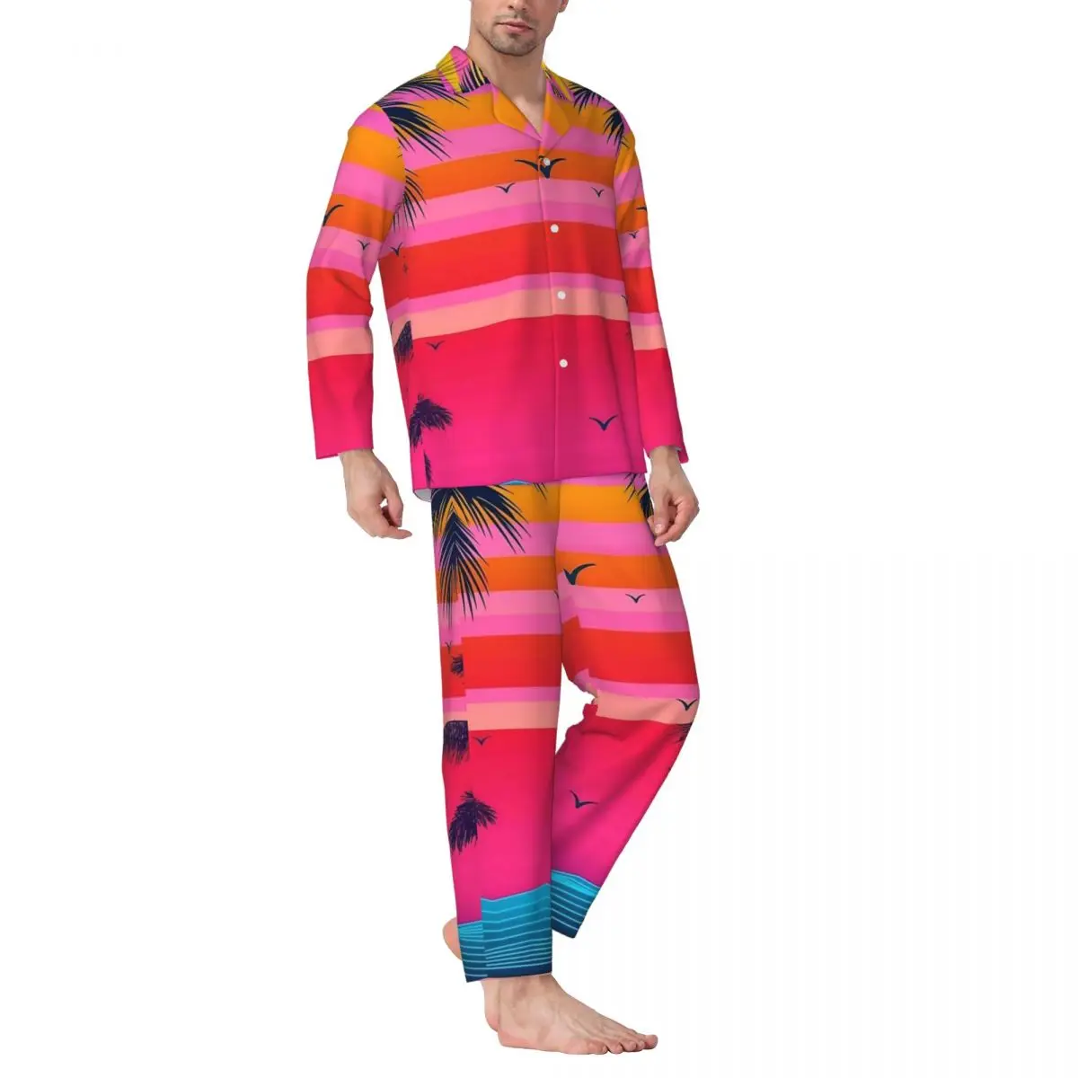 Pink Sunset Palm Trees Sleepwear Autumn Casual Loose Oversized Pajama Sets Man Long Sleeves Comfortable Home Pattern Home Suit
