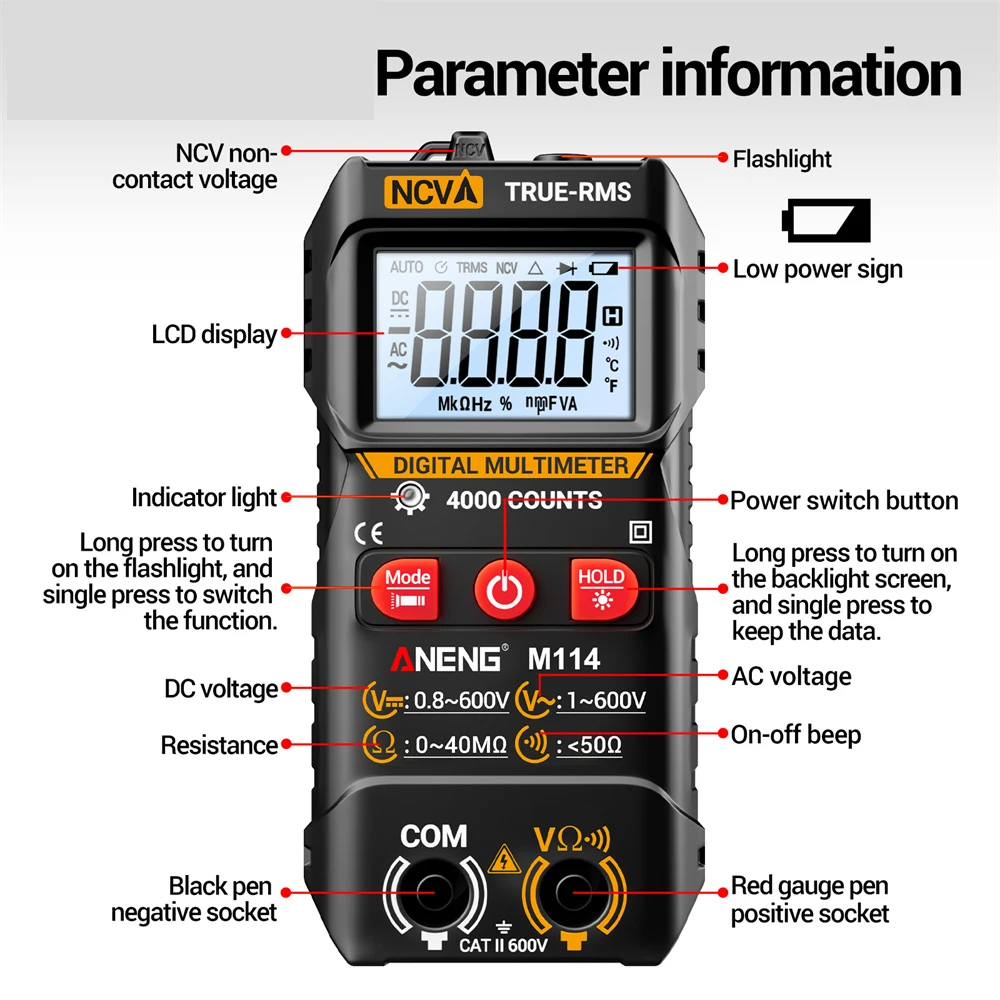 4000 Counts M115 Smart Mini Multimeter Digital DC/AC Voltage Meter Ohm NCV Resistance Muiti-function Multimetro Test Tools