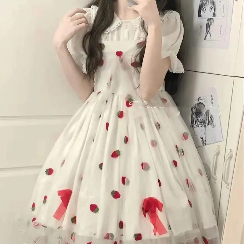 2024 Summer New Women's Clothing Slip Dress Sleeveless Fashion Trendy Slim Spliced Gauze Strawberry Bow Comfortable Dress