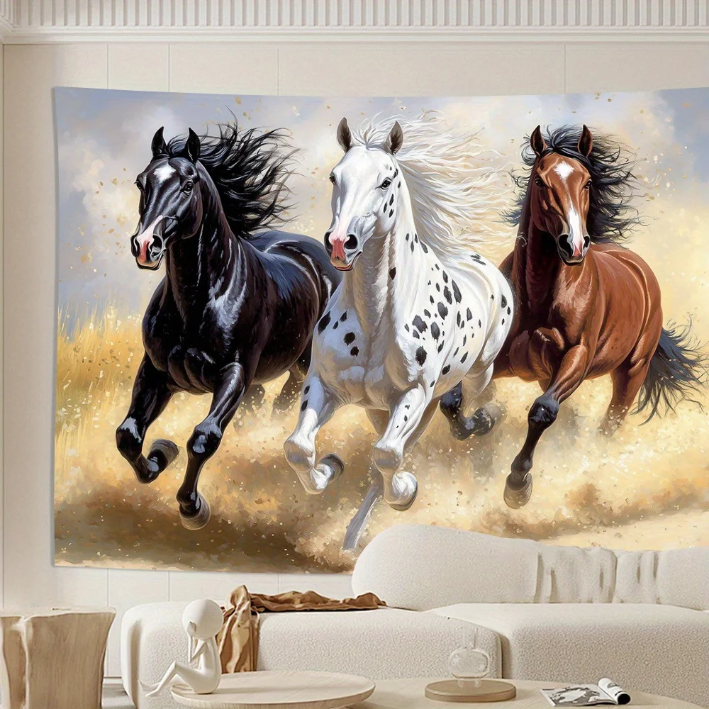 Wild Horse Tapestry, Three Stallions Running Freely in the Prairie, Great for Adding a Majestic, Untamed Touch to Your Room