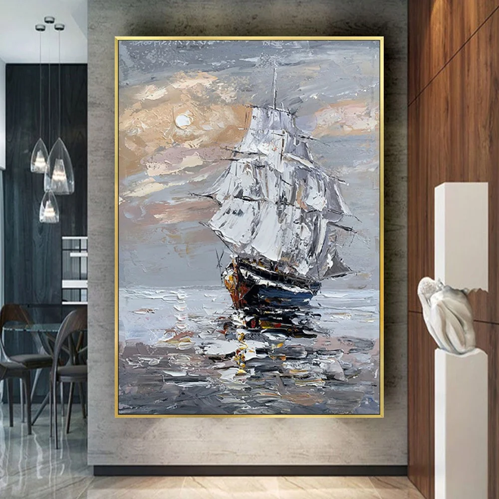 Handmade Oil Painting Sailing Boat Seascape Painting Thick Oil Texture Wall Art Pictures Abstract Knife Painting For Home Decor