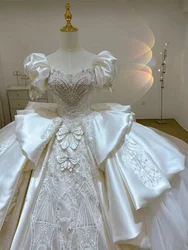 Girls One Shoulder Main Wedding Dress New Bride Large Tail V-Neck French Heavy Industry Palace Style Satin Puffed Sleeve Suit