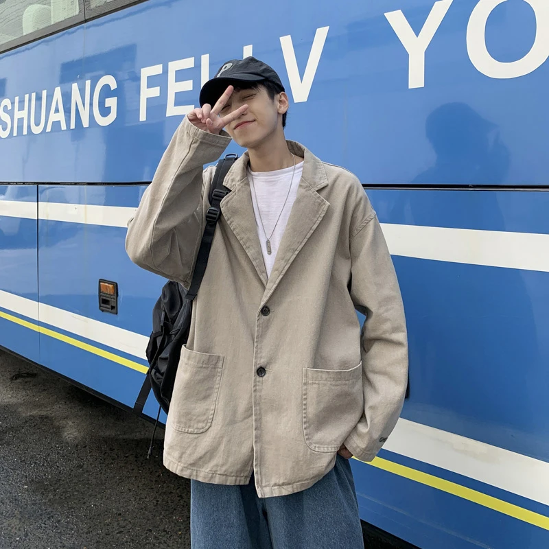 

Повседневный универсальный мужской костюм оверсайз Jaet, тонкая весенне-осенняя модная верхняя одежда, длинный свек, свободная посадка, молодежная (3)