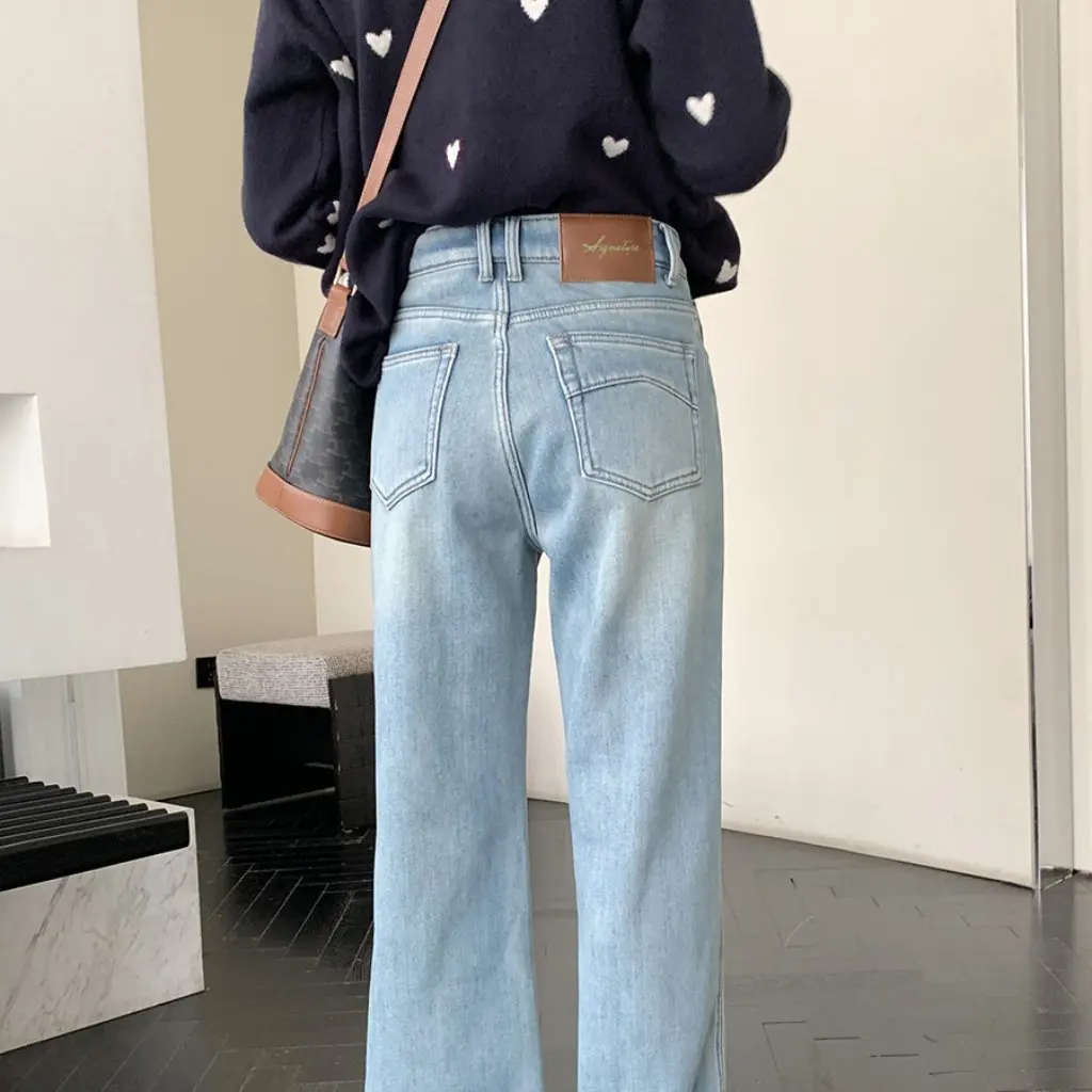 Jasnoniebieskie jeansy z polarową podszewką, wąskie, proste, luźne spodnie na jesień i zimę F120109, szerokie nogawki, moda damska.