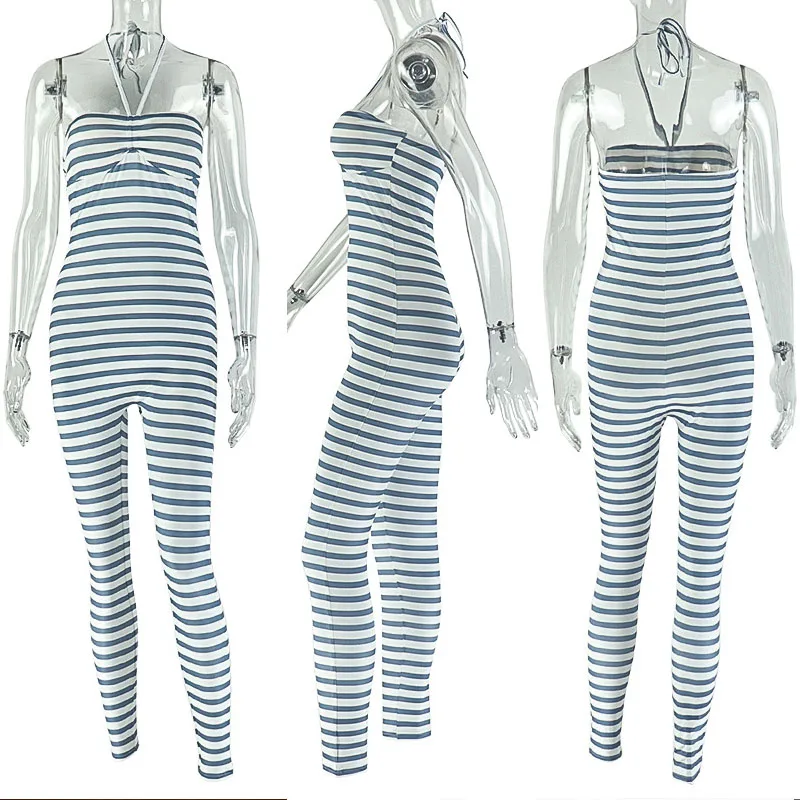 Doyerl ストライププリントワンピースジャンプスーツ女性オーバーオールセクシーなホルターストラップレススキニースリムナイトクラブパーティーロンパースコンビネゾン