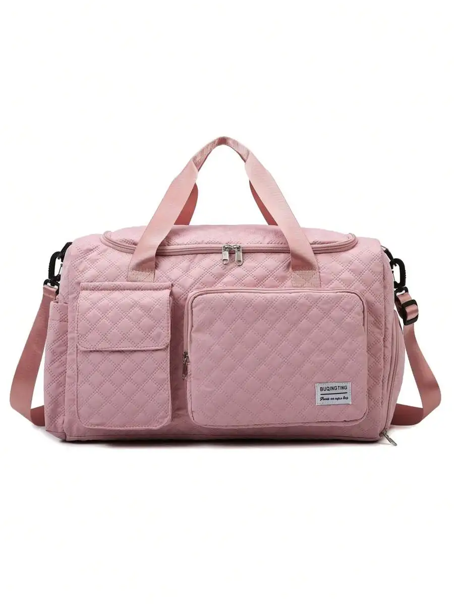 

Pink Quilted Duffle Bag Large Capacity Travel Gym Weekender Bag Dry Wet Separation Nylon