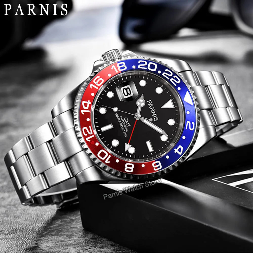 

Parnis 40mm Sapphire GMT Automatic Movement Left Crown Men Boy Watch Luminous Marker Date Blue Red Bezel