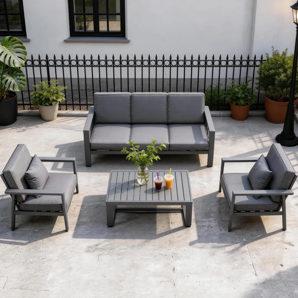 

Aluminum Patio Furniture Set,5piece Modern Metal Outdoor Conversation Sectional Sofa with Washable Thick Cushions,, Customized