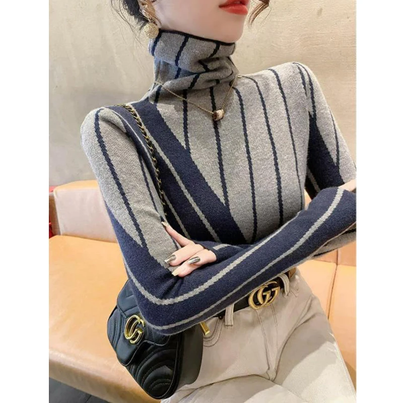 Women Korean Fashion Striped Turtleneck Elegant Knitted Sweater 2023 Autumn Winter Long Sleeve Warm Pullover Basic Tops Jumpers