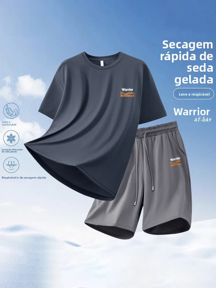 ウォリアーランニングスポーツスーツメンズユーストレーニングウェア速乾性アイスシルクフィットネス半袖tシャツショーツサマーセット