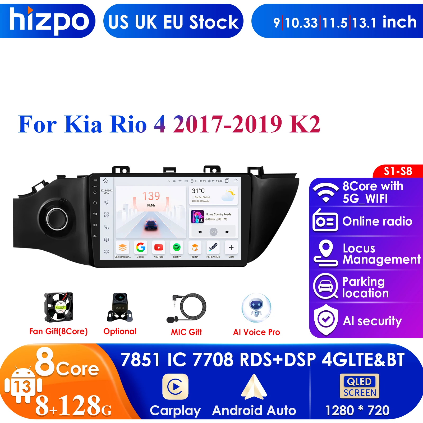 

9'' 7862 Intelligent Screen 2din Android 13 Car Radio Multimedia Video Player for Kia K2 Rio 4 2017-2019 GPS Carplay Auto 4G RDS