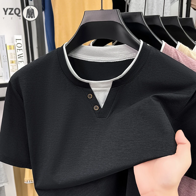 Mens Short Sleeve T Shirt Henley Neck Fake Two Piece Casual Tops Breathable Slim Fit Tees For Men Daily Outfits view 5