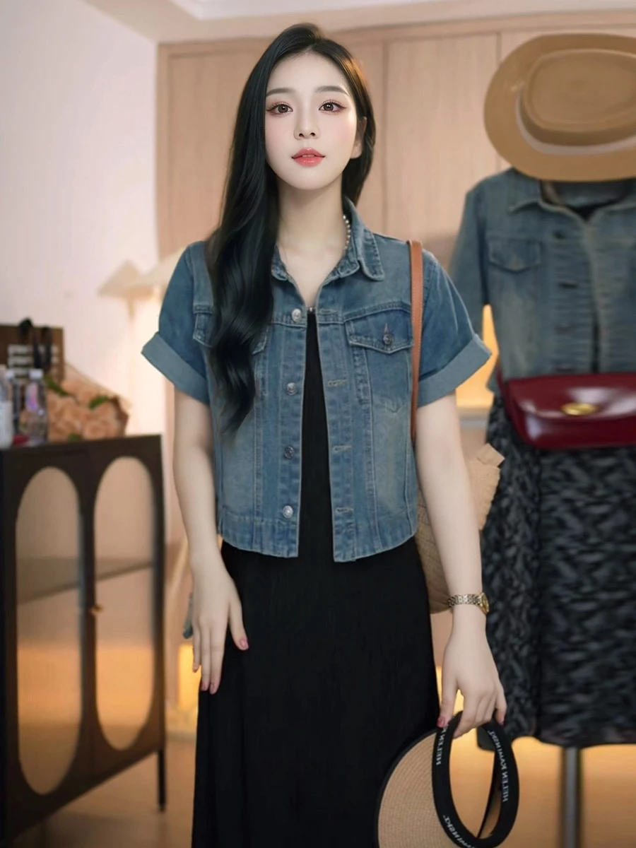 

ort Sve Denim Jaet Женская летняя тонкая верхняя одежда Ретро Faion Утягивающий повседневный топ ort irt Модный хлопок Полиэстер B...