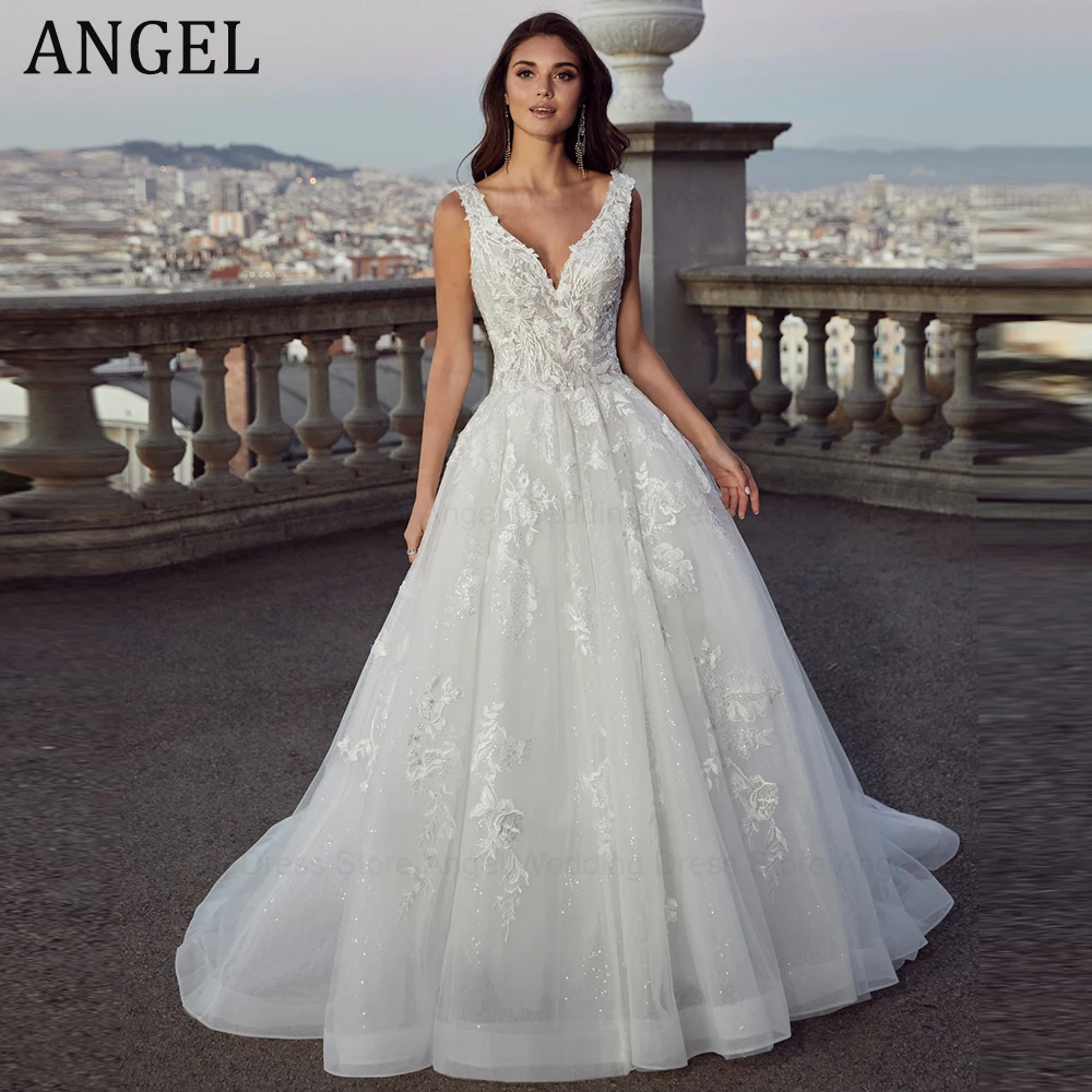 

ANGEL Applique Lace Wedding Dress Sleeveles Backless A-line Robe De Soirée Spaghetti Straps Bridal Gowns For Women Boho Tulle