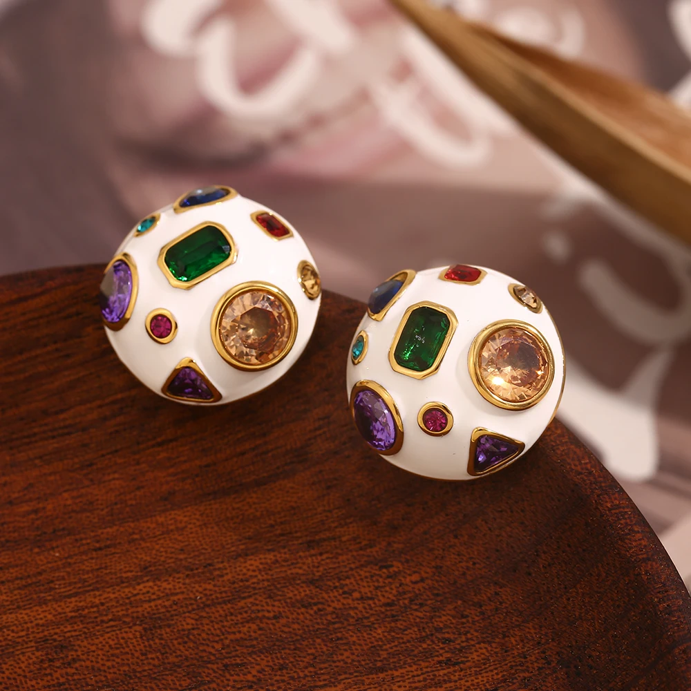 MamacitaSlay New Trendy Stainless Steel Multicolored Zircon Round Earrings Design Statement Waterproof Jewelry Minimalist Gift