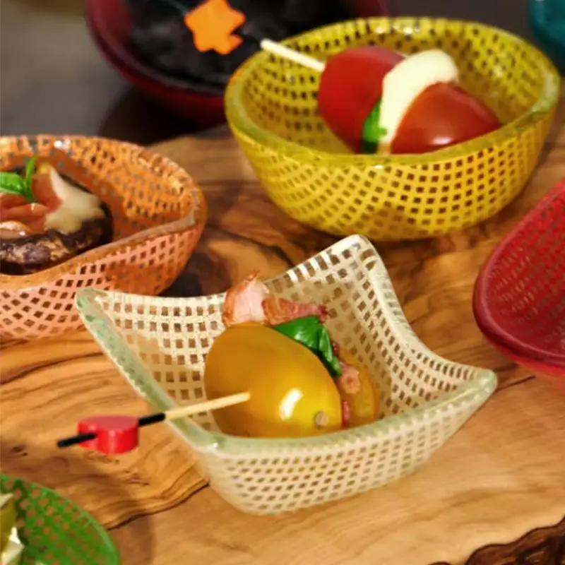 Korean Style Colorful Square Bowl  Retro Checkered Pattern Glass Heat-resistant material Dish Dipping Material Small Dish