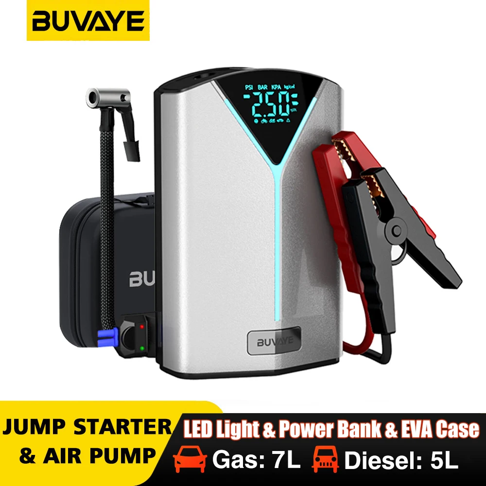 

BUVAYE Car Battery Jump Starter Inflatable Pump Power Bank LED Lighting Portable 4 In 1 Car Booster Air Compressor for 12V Cars