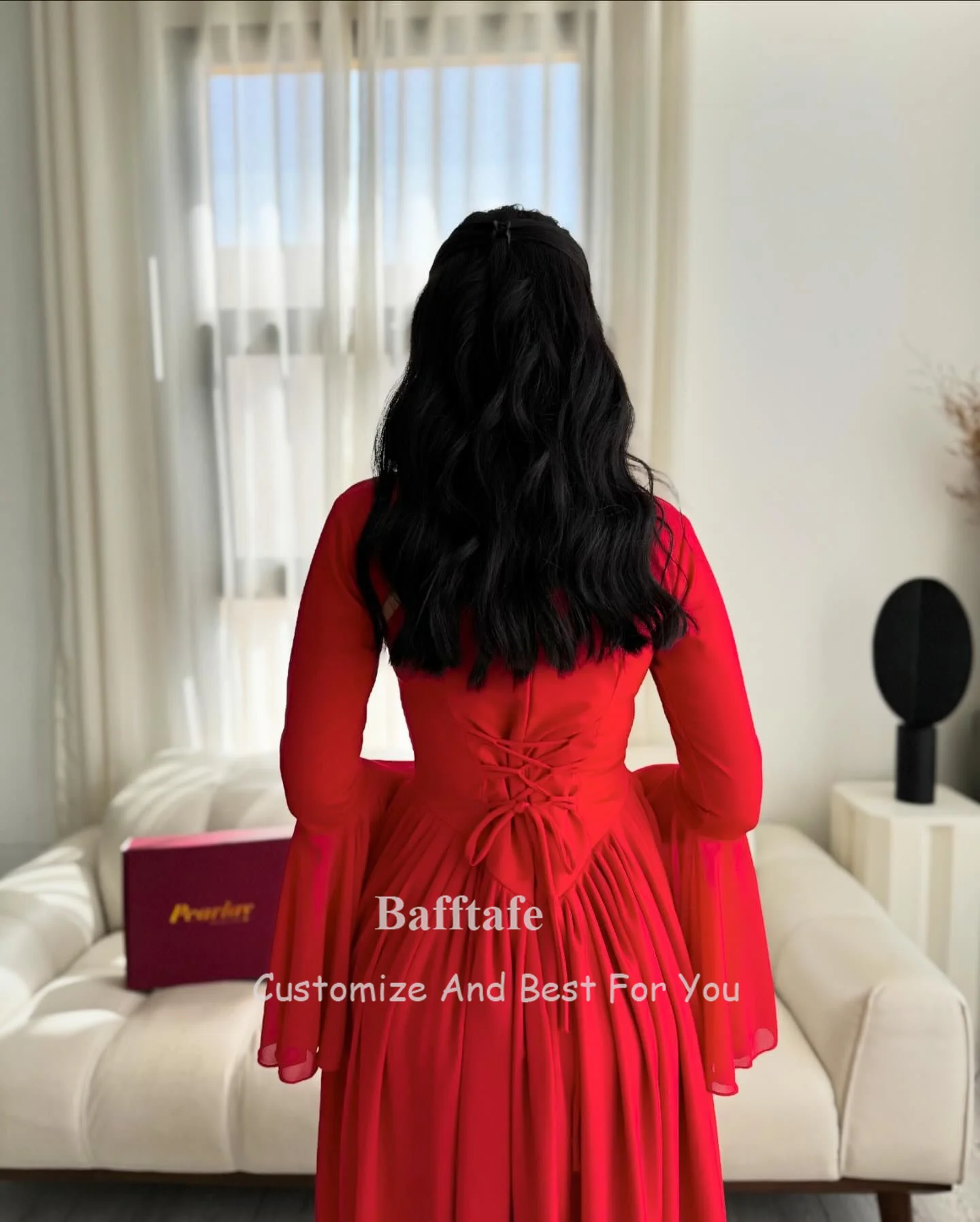 Bafftafe-Vestidos de Fiesta de gasa roja para mujer, chaqueta de manga larga, vestidos de noche hasta el tobillo, vestido de fiesta especial Formal, 2 piezas