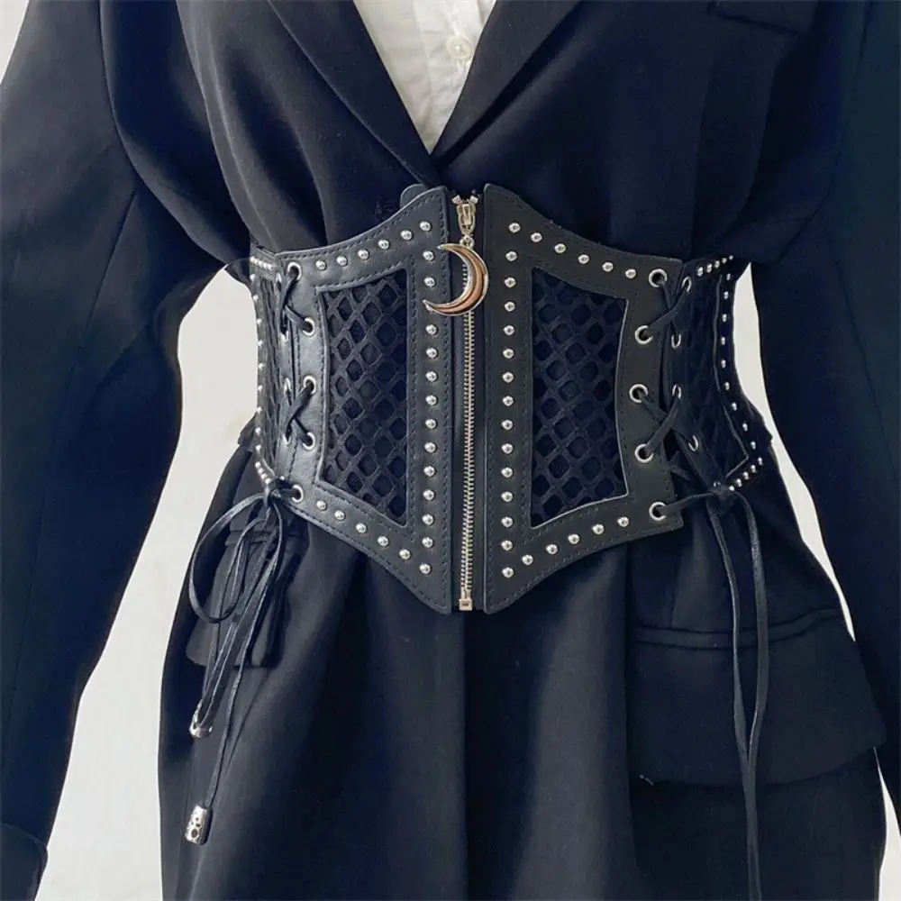Gothic PU Leather Women Waist Belt Mesh Cut-out Black Cross Chain Belt Waist Decorations Wide Waistband Casual Wear