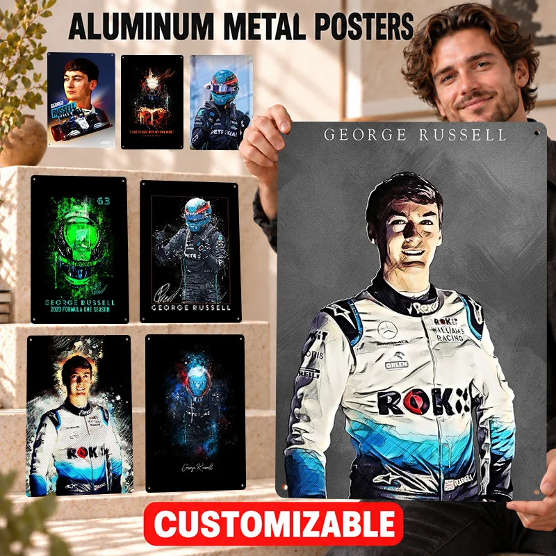 George Russell Aluminum Posters Athletic Action Graphic Bedroom Wall Art Personalized Metal Sign Collector Gift For Supporters