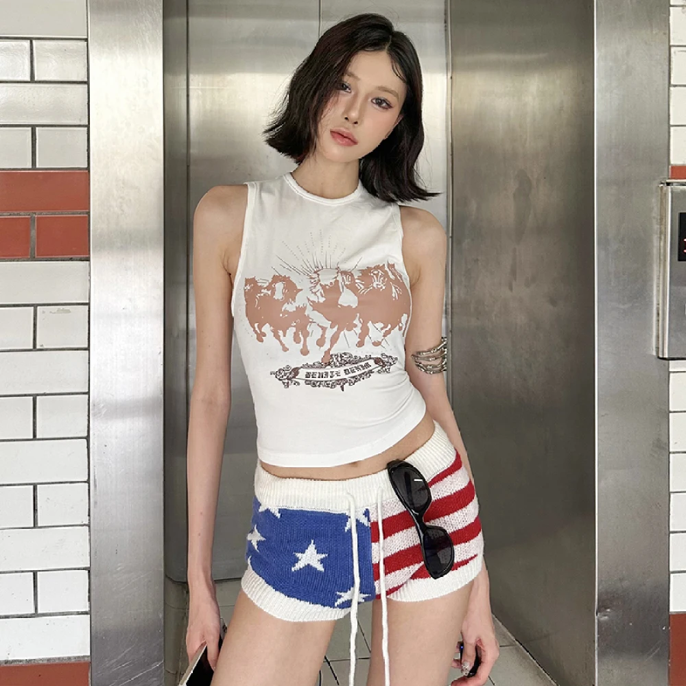SylCue Vintage Print Tank Tops Women Summer Trend o-Neck Skinny Stretch Street Casual Fashion Versatile Style Classic Crop Tops