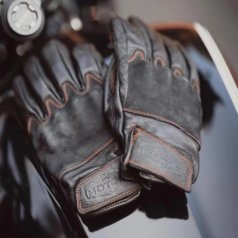 Men Retro Motorcycle Gloves , MotorRiding gloves Leather ,Cowhide Leather Glove, Anti-slip,Touchscreen,Windproof, Vintage Gloves