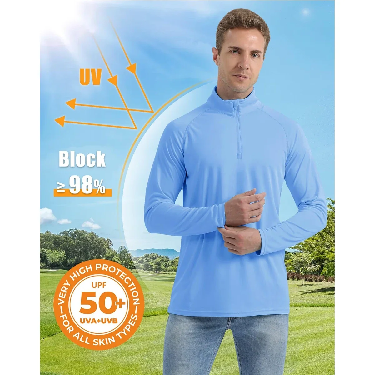 Men's UV Protection Fishing T-shirt Lightweight Quick Dry Long Sleeve Zip Hiking Shirt Summer Casual Rash Guards UPF50