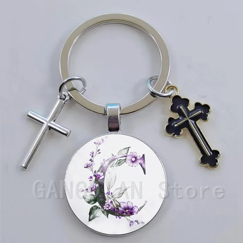 A-Z plant letters, enamel cross charm keychain, Jesus religion keychain pendant, handbag accessories, DIY keychain jewelry gifts