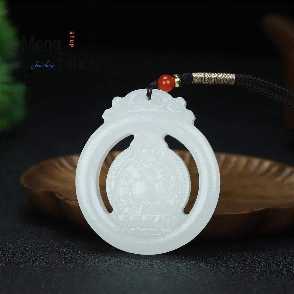 Natural Hetian White Jade Run Smiling Buddha Jade Plaque Pendant Exquisite Elegant Simple High-grade Luxury Quality Fine Jewelry