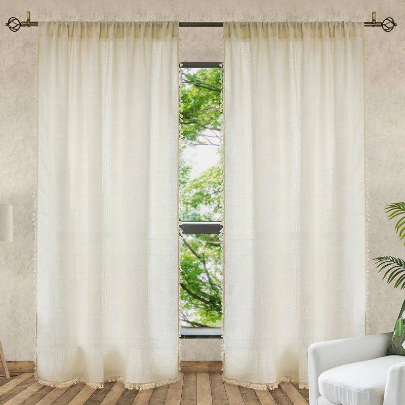 

Boho Sheer Curtains 2 Panels Rod Pocket Macrame Crochet Plaid Drapes with Tassels Windows Curtains for Bedroom Living Room Decor