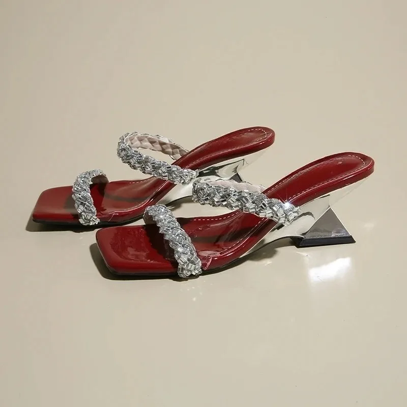 Fashion Special Heel Slippers Women's Fashion Square Toe Open Toe Rhinestone Slip Slip-proof Wear-resistant Kitten Heel Shoes