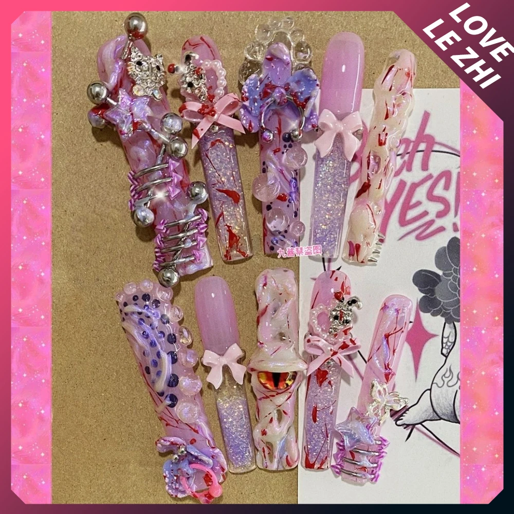 Y2K Spicy Girl Rilakkuma Handmade Long Square Press On Nail Shiny Diamond Sequins 3D Flower Bow Musical Notes Reusable Fake Nail