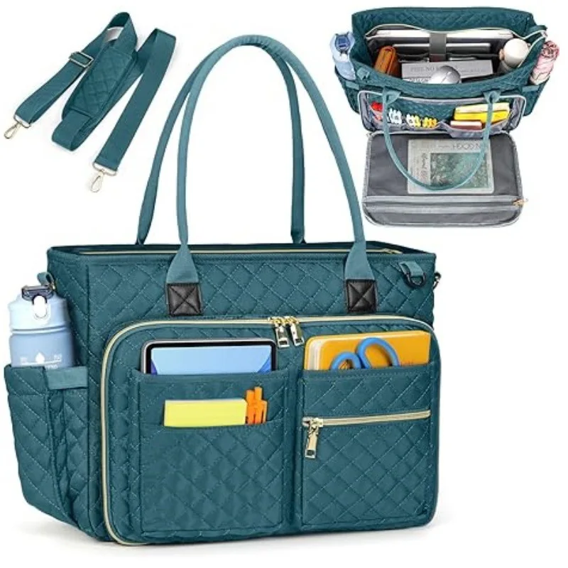 

Teal Quilted Multi Pockets Tote Bags Casual Large Capacity Organizer for Work & Parenting 15.6-inch Laptop Bag