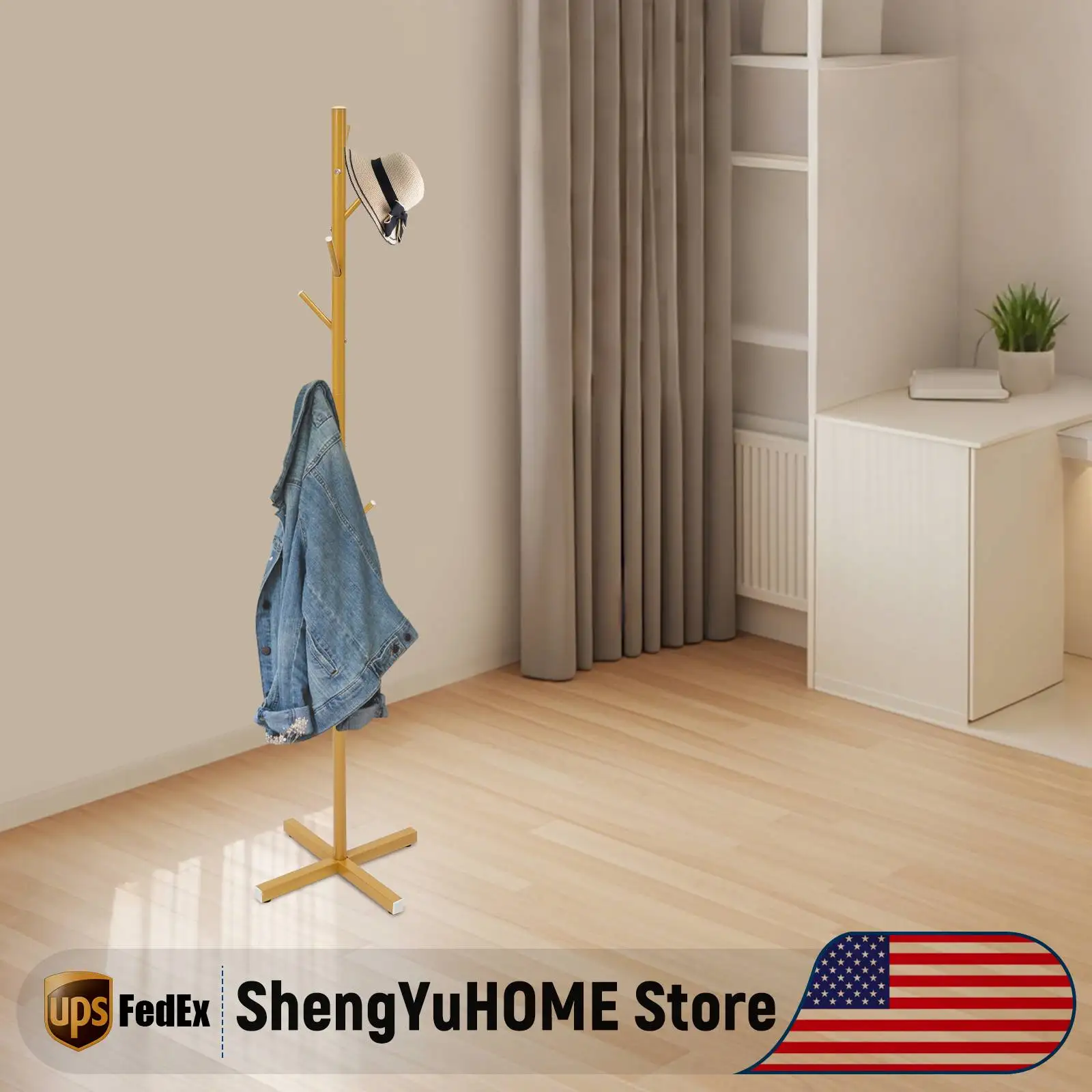 

Вешалка для одежды, вешалка для одежды с веткой золотого дерева, отдельно стоящий органайзер для одежды, прочная железная труба с электростатическим распылением