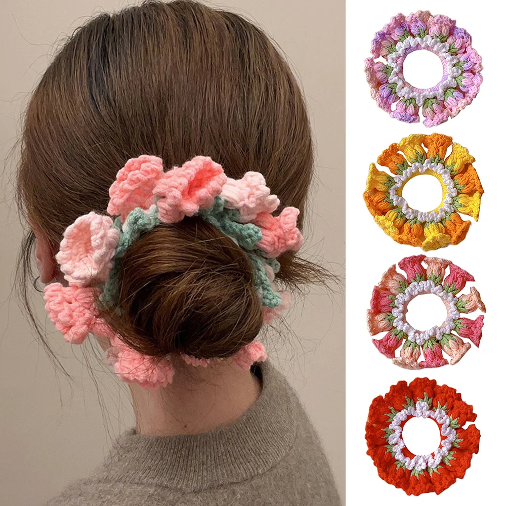 Newest Woman Big Elegant Crocheted Knitting Elastics Hair Band Colored Scrunchies Hair Ties Ladies Ponytail Holder Headdress